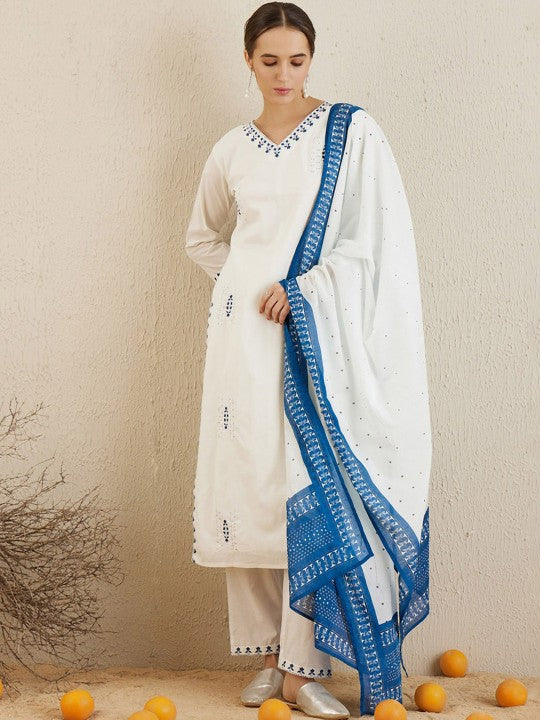 Ethnic Motifs Embroidered Thread Work Pure Cotton Kurta with Trousers & Dupatta