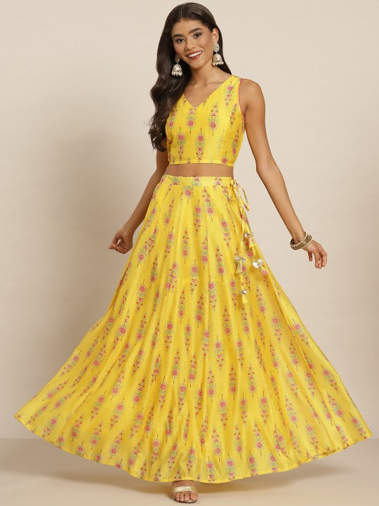 Yellow & Pink Printed Ready to Wear Lehenga & Choli