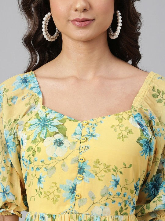 Women Yellow Georgette Floral Print Flared Western Dress