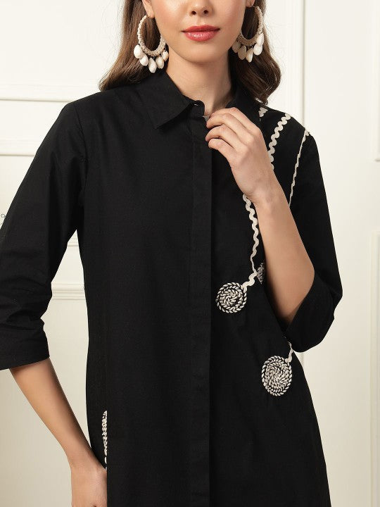 Mandarin Collar Embroidered Cotton Shirt Dress