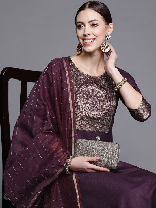 Women Purple Yoke Design Kurta with Palazzos & With Dupatta