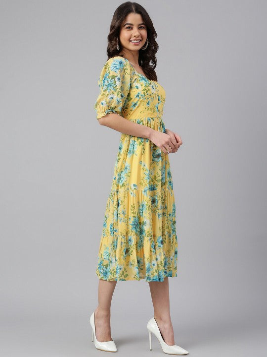 Women Yellow Georgette Floral Print Flared Western Dress