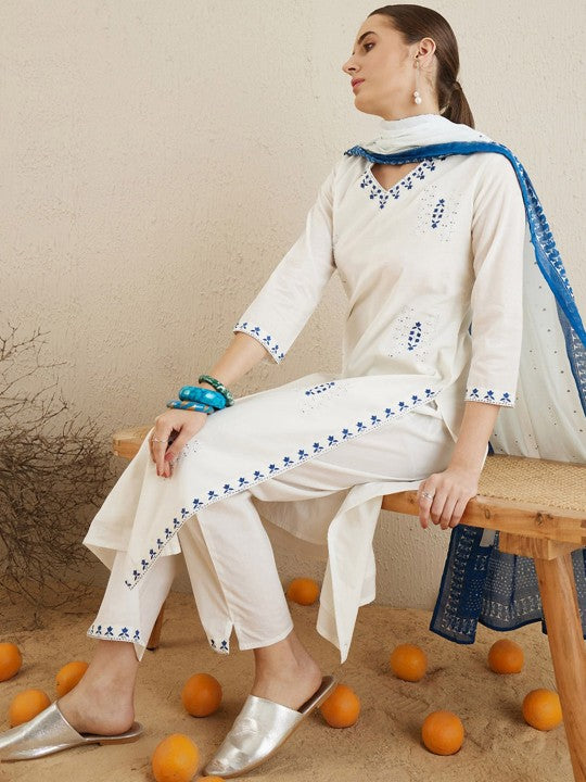 Ethnic Motifs Embroidered Thread Work Pure Cotton Kurta with Trousers & Dupatta