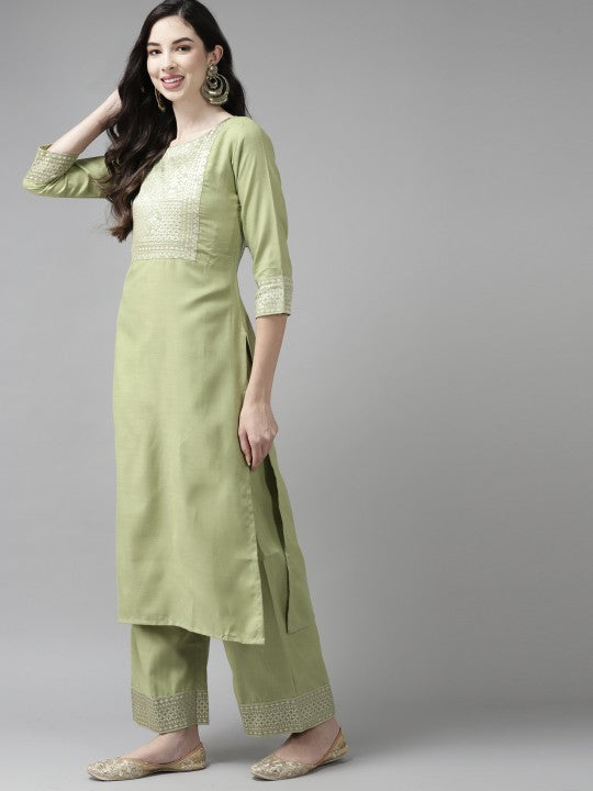 Women Green Yoke Design Regular Kurta with Palazzos & Dupatta