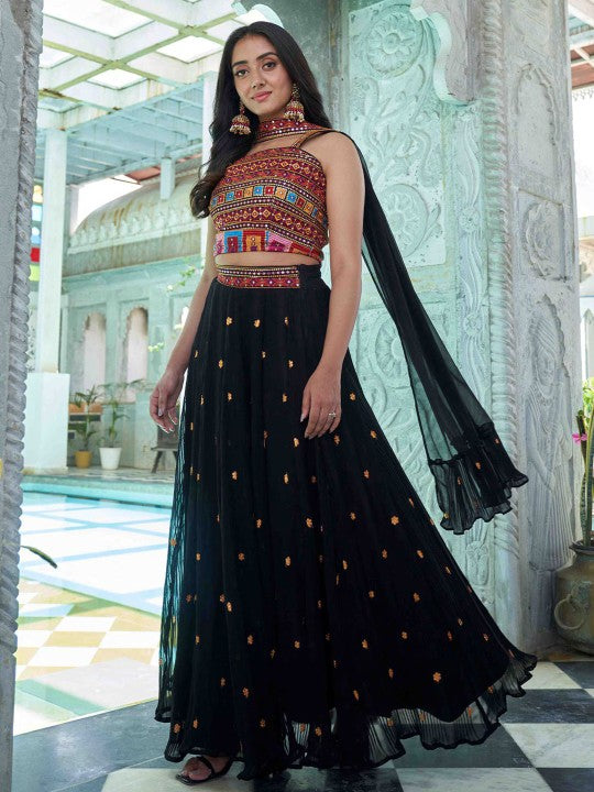 Embroidered Thread Work Semi-Stitched Lehenga & Unstitched Blouse With Dupatta