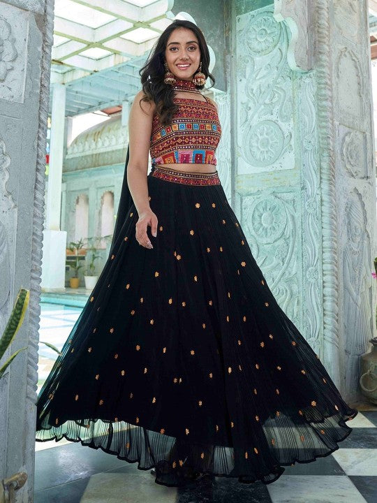 Embroidered Thread Work Semi-Stitched Lehenga & Unstitched Blouse With Dupatta