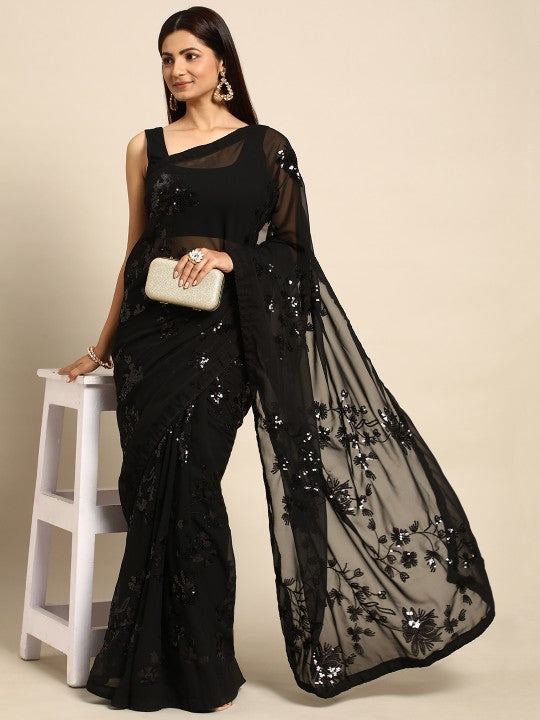 Floral Sequinned Poly Georgette Saree