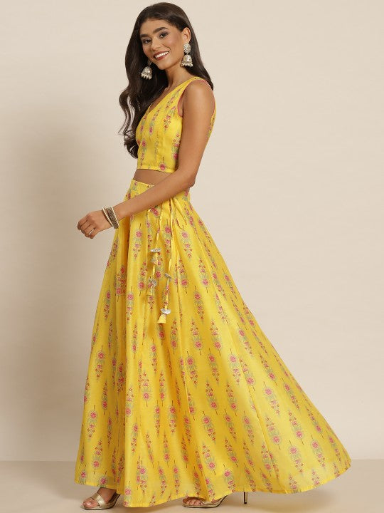 Yellow & Pink Printed Ready to Wear Lehenga & Choli