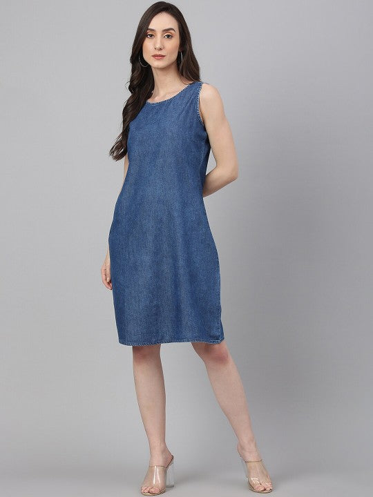 Women's Blue Denim Solid Straight Western Dress