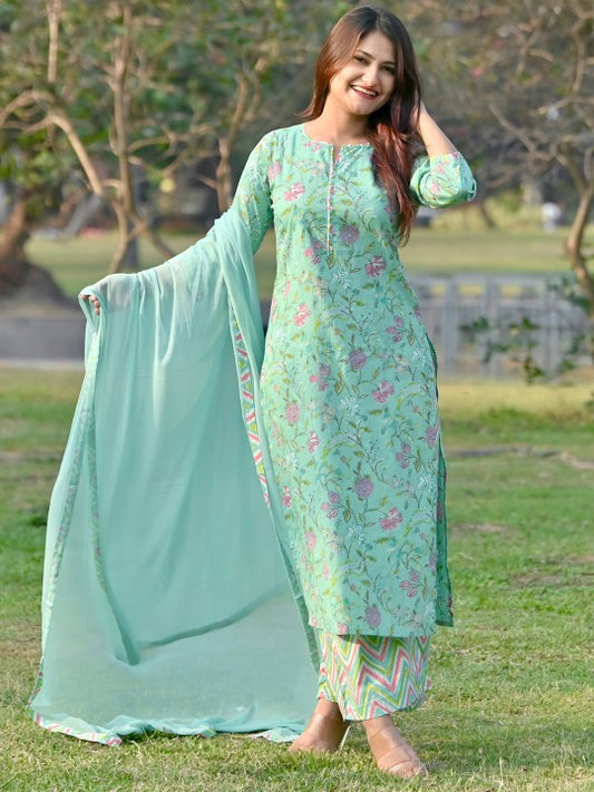 Women Sea Green Floral Printed Kurta with Palazzos & Dupatta