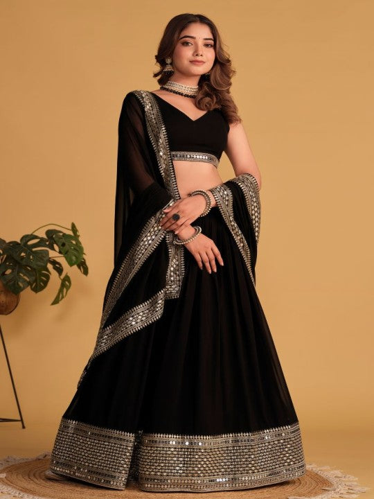 Embroidered Sequinned Semi-Stitched Lehenga & Unstitched Blouse With Dupatta