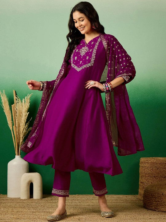 Magenta Embroidered Notch Neck Sequined A-Line Kurta With Trouser & Dupatta