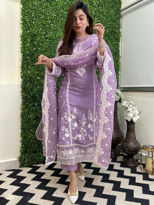 Floral Embroidered Thread Work Straight Kurta With Trousers & Dupatta