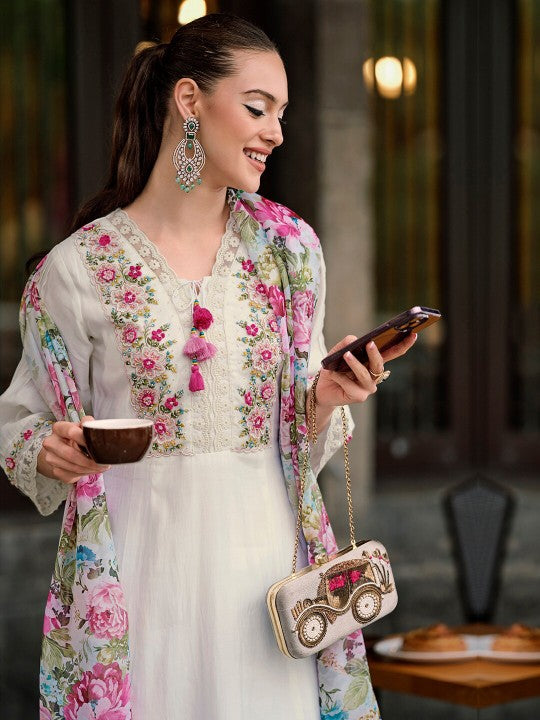 Floral Embroidered Thread Work A-Line Kurta With Trousers & Dupatta