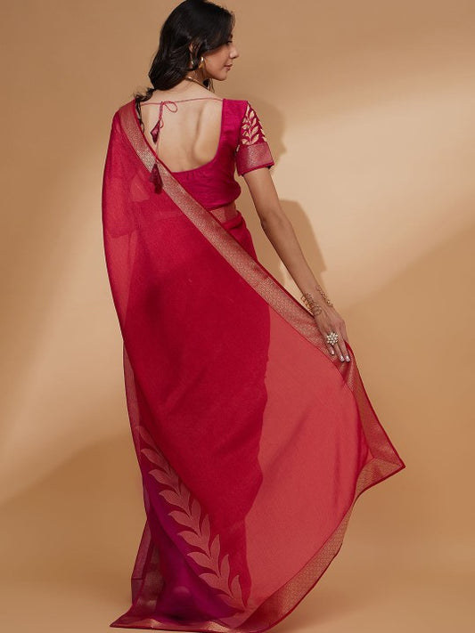 Pink Floral Woven Design Zari Detailed Pure Chiffon Saree