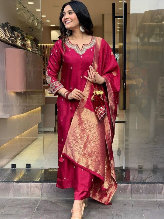 Floral Embroidered Straight Kurta With Trousers & Dupatta