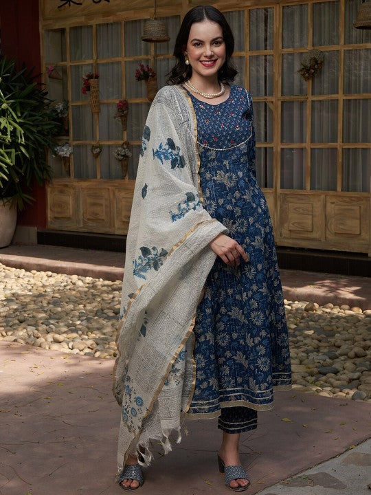 Blue Printed Gotta Patti Pure Cotton Empire A-Line Kurta with Trousers & Dupatta