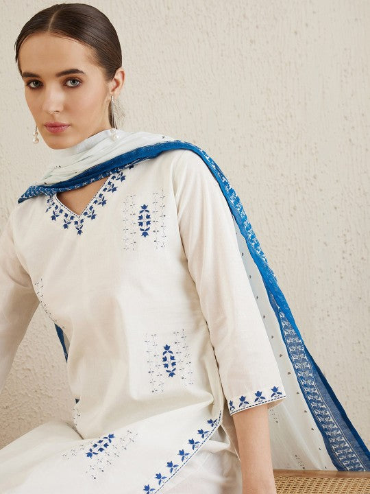 Ethnic Motifs Embroidered Thread Work Pure Cotton Kurta with Trousers & Dupatta