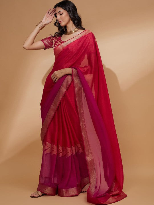 Pink Floral Woven Design Zari Detailed Pure Chiffon Saree