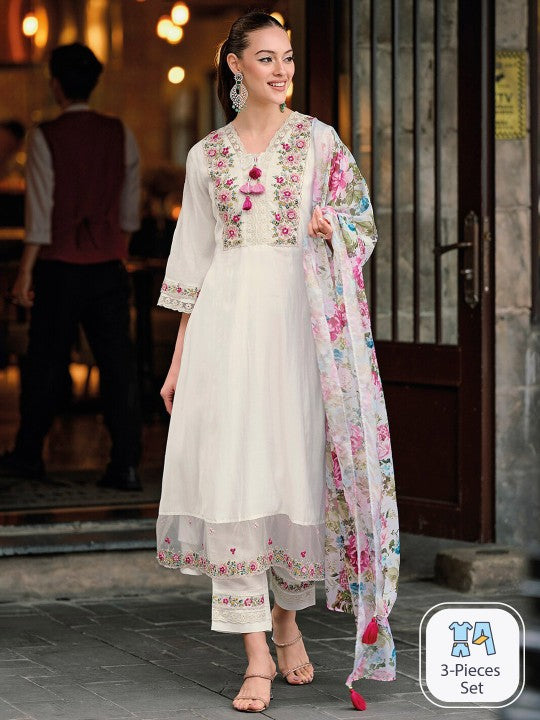 Floral Embroidered Thread Work A-Line Kurta With Trousers & Dupatta