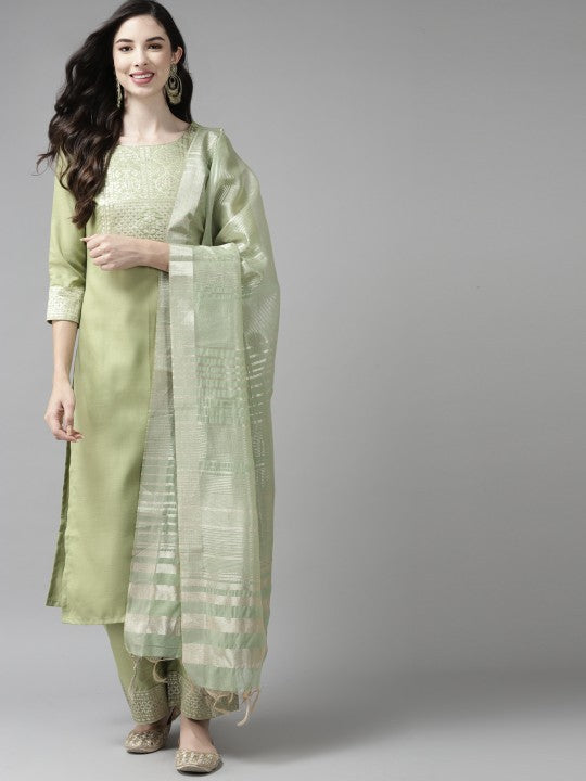 Women Green Yoke Design Regular Kurta with Palazzos & Dupatta