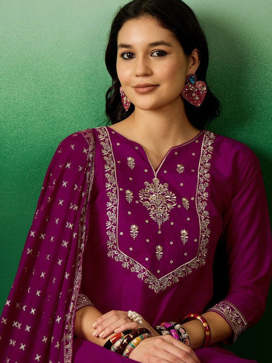 Magenta Embroidered Notch Neck Sequined A-Line Kurta With Trouser & Dupatta