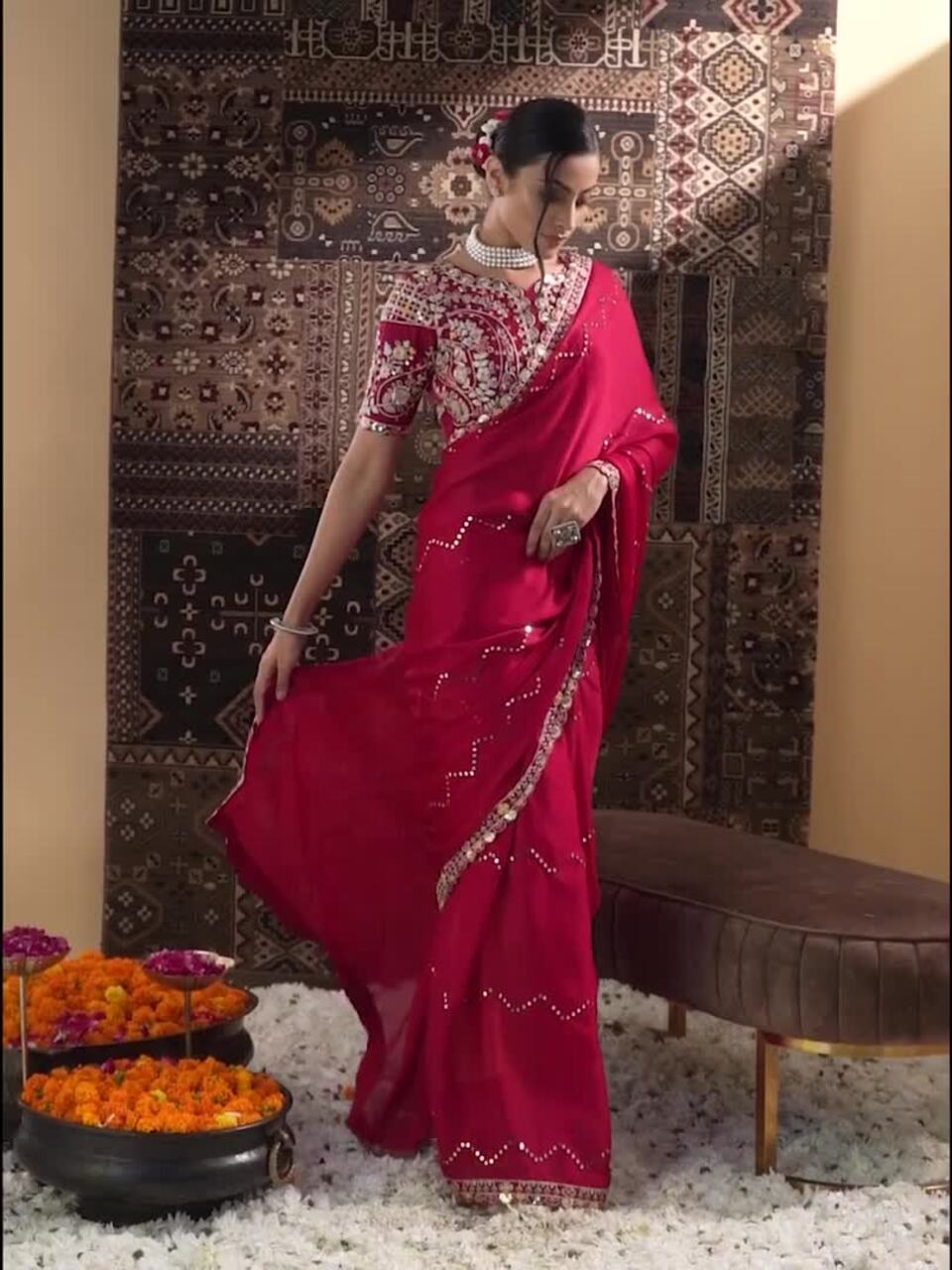 Floral Embroidered Silk Blend Saree